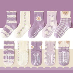 1–3 Year | 5 Pair Purple Flower Cozy Non-Slip Socks for Toddlers | Green Dino Grip Socks by Durian Minliu Sock | Imported China | 5 Pair Set