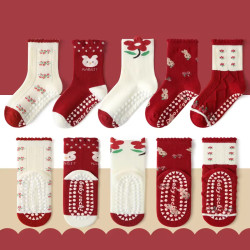 1–3 Year | 5 Pair Red Bunny Cozy Non-Slip Socks for Toddlers  | Green Dino Grip Socks by Durian Minliu Sock | Imported China | 5 Pair Set