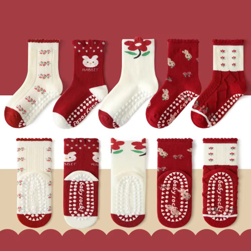 1–3 Year | 5 Pair Red Bunny Cozy Non-Slip Socks for Toddlers  | Green Dino Grip Socks by Durian Minliu Sock | Imported China | 5 Pair Set