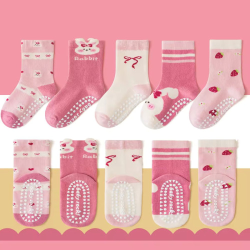 1–3 Year | 5 Pair Pink Love China Cozy Non-Slip Socks for Toddlers | Green Dino Grip Socks by Durian Minliu Sock | Imported China | 5 Pair Set