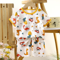 Children's Cotton Summer Pajama Set - Short Sleeve Two-Piece with Cartoon Print | Aircraft Dinosaur Children's Cotton Summer Pajama Set - Short Sleeve Two-Piece with Cartoon Print | Aircraft Dinosaur