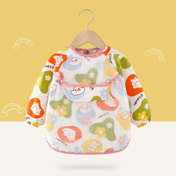 Long-Sleeved Anti-Dressing Waterproof Baby's Dining Clothes Children's Apron Baby's Bib Guard| bunny White | 0-2 Year