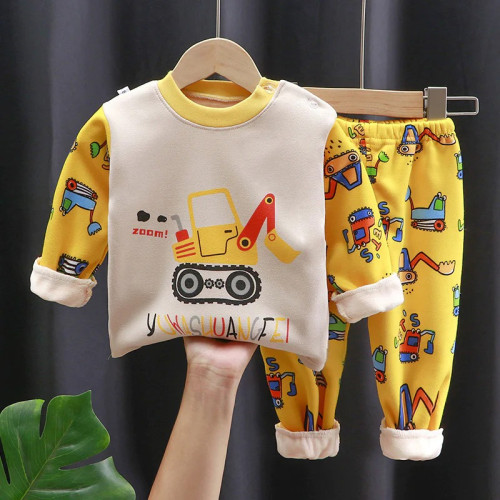 Children's Clothing Top-Bottom Set | For Cool Night and AC Room | Fluffy yellow excavator Children's Clothing Top-Bottom Set | For Cool Night and AC Room | Fluffy yellow excavator