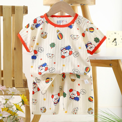 Children's Cotton Summer Pajama Set - Short Sleeve Two-Piece with Cartoon Print | Colored Puppy Children's Cotton Summer Pajama Set - Short Sleeve Two-Piece with Cartoon Print | Colored Puppy