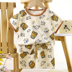 Children's Cotton Summer Pajama Set - Short Sleeve Two-Piece with Cartoon Print | Diving Bear