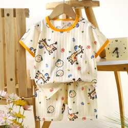 Children's Cotton Summer Pajama Set - Short Sleeve Two-Piece with Cartoon Print | Happy Deer