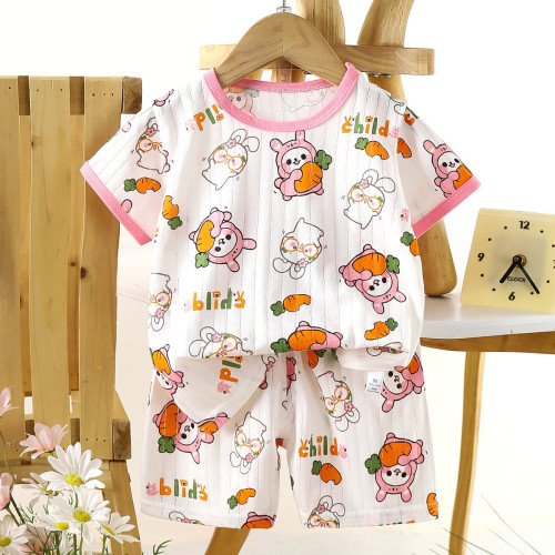 Children's Cotton Summer Pajama Set - Short Sleeve Two-Piece with Cartoon Print | Jumping Rabbit
