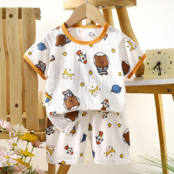 Children's Cotton Summer Pajama Set - Short Sleeve Two-Piece with Cartoon Print | Rocket Bear