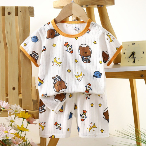 Children's Cotton Summer Pajama Set - Short Sleeve Two-Piece with Cartoon Print | Rocket Bear