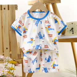 Children's Cotton Summer Pajama Set - Short Sleeve Two-Piece with Cartoon Print | Swimming Crocodile